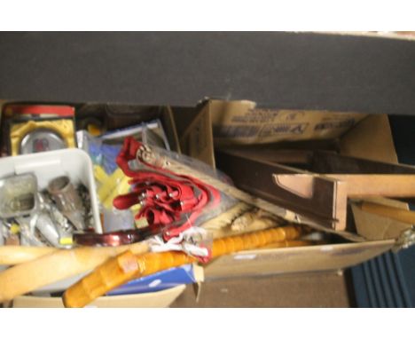 TWO BOXES OF SUNDRIES TO INCLUDE WALKING STICKS, UMBRELLAS, CARPET BEATERS, KITCHENALIA ETC.