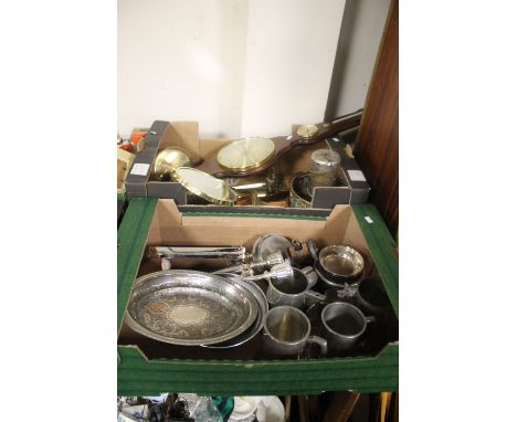 TWO TRAYS OF METALWARE ETC TO INCLUDE PEWTER, A BAROMETER ETC.