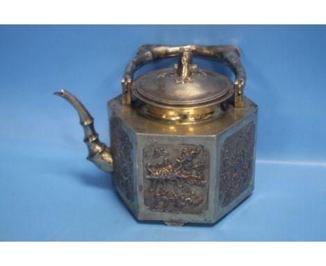 A CHINESE PAKTONG KETTLE WITH TYPICAL DECORATION, approx. weight 860 gThe piece has a two character mark to the underside and