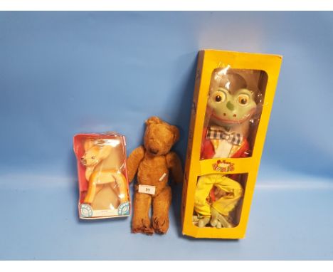 A BOXED PELHAM FROG PUPPET A VINTAGE BENDY TOY AND A JOINTED TEDDY BEAR