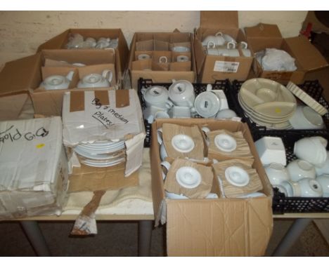 A LARGE COLLECTION OF WHITE FOOD SERVING ITEMS TO INCLUDE PLATES, TEAPOTS, CUPS &amp; BOWLS
