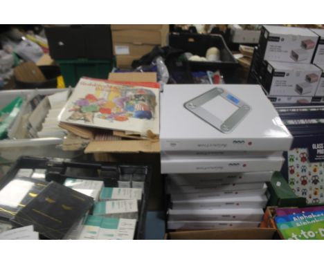 A LARGE BOX OF ADVENT CALENDARS TOGETHER WITH TEN NEW SETS OF DIGITAL BATHROOM WEIGHING SCALES