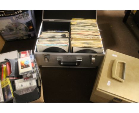 A FLIGHT CASE CONTAINING ABOUT 150 SINGLES RECORDS TO INCLUDE 1970S, 80S, 90S TOGETHER WITH A VINTAGE DECCA RECORD CASE AND A