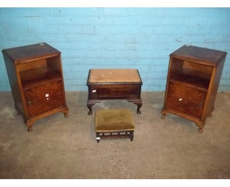 TWO WALNUT BEDSIDE CUPBOARDS AND TWO STOOLSTops have cosmetic lacquer damage / loss possibly caused by fluid. The door on one