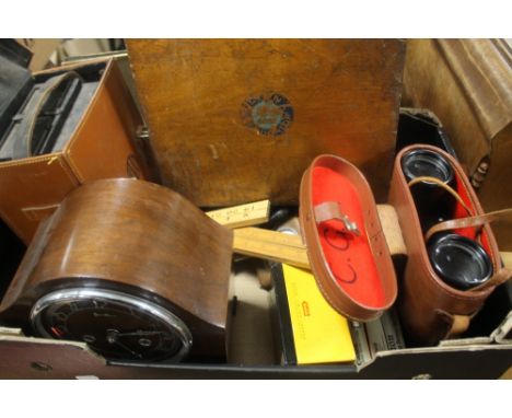A PAIR OF ZEISS WETZLER 16 X 60 BINOCULARS TOGETHER WITH A MANTEL CLOCK, A CASED BAKELITE AVOMETER, CAMERA EQUIPMENT AND TWO 