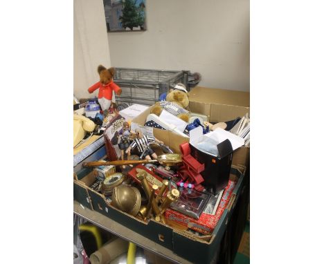 THREE TRAYS OF TOYS, TEDDY BEARS, CLOCKS, CHIP ORNAMENTS, BAROMETER , DOMINOES, NOKIA PHONE ETC.