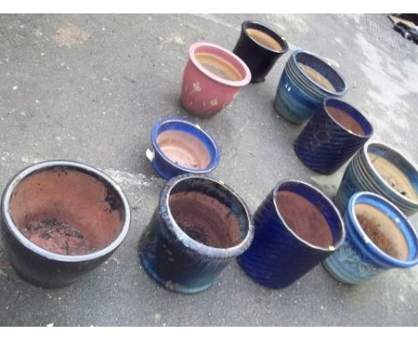 TEN LARGE CERAMIC PLANTERS MOSTLY BLUE