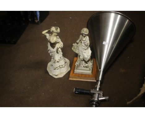 A HEAVY DUTY STAINLESS STEEL BREWING FUNNEL, A PAIR OF PATTERNED CANDLESTICKS AND A PAIR OF CERAMIC FIGURES