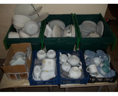 A LARGE SELECTION OF WHITE CAFE STYLE CUPS, PLATES, TEAPOTS ETC. (CONTAINERS NOT INCLUDED)