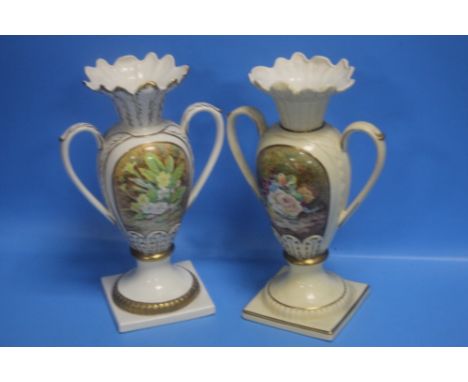 TWO ROYAL CREAMWARE VASES WITH DECORATIVE PANELS SIGNED F. CLARK (A ROYAL WORCESTER PAINTER)