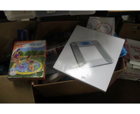 THREE BOXES OF MISCELLANEOUS NEW ITEMS TO INCLUDE EXERCISE HOOPS, WEIGHING SCALES, GAMES, PLAYMATS AND A LARGE QUANTITY OF FA
