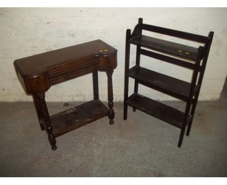 AN OAK HALL / CONSOLE TABLE AND A SMALL EBONISED OAK BOOKCASE