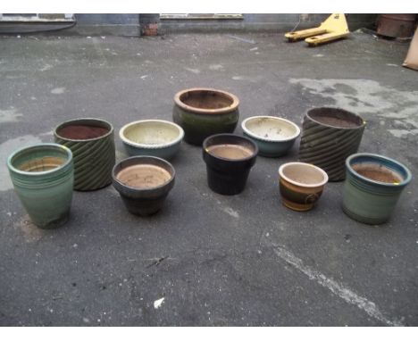 TEN LARGE CERAMIC PLANTERS, MOSTLY GREEN