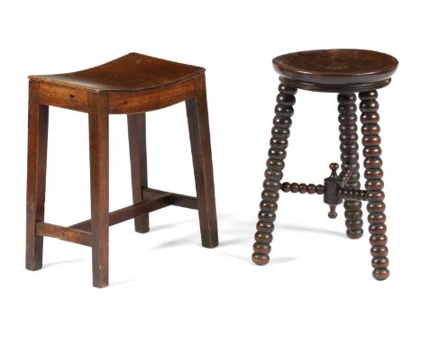 A LATE GEORGE III MAHOGANY STOOLLATE 18TH / EARLY 19TH CENTURYwith a dipped seat, with cushion, together with an oak dairy st