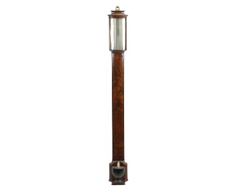 λ A GEORGE III MAHOGANY BOWFRONT STICK BAROMETERC.1800the silvered gauge inscribed 'Fraser & Son London' above an ebony urn r