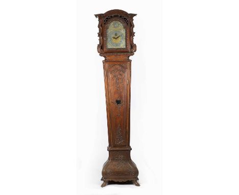 AN OAK LONGCASEIN DUTCH STYLE, 19TH CENTURYthe brass and iron birdcage style movement with an anchor escapement and striking 