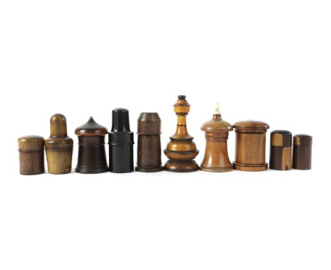 A COLLECTION OF TREEN19TH / EARLY 20TH CENTURYin a variety of woods, comprising: three Graham's Patent type inkwells includin