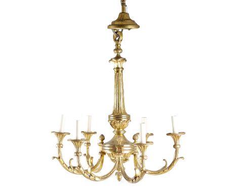 A FRENCH GILT BRASS SIX LIGHT CHANDELIERIN REGENCY STYLE, EARLY 20TH CENTURYthe fluted column supporting six foliate branches