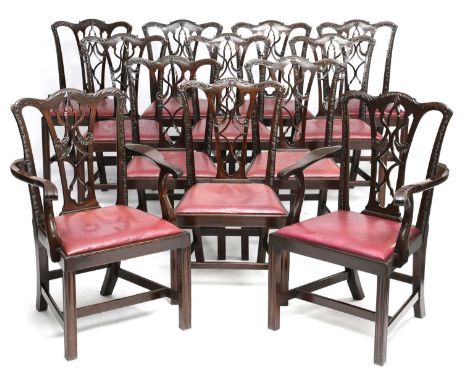 A SET OF TWELVE MAHOGANY DINING CHAIRSIN CHIPPENDALE STYLE, LATE 19TH / EARLY 20TH CENTURY AND LATEReach with a leaf and roca