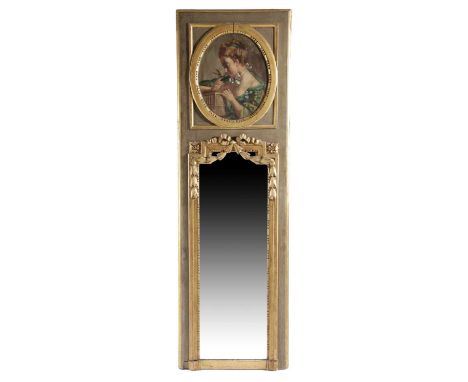 A CONTINENTAL GILTWOOD AND PAINTED TRUMEAU MIRROR FRENCH OR ITALIAN, FIRST HALF 19TH CENTURYthe arched plate within a frame d