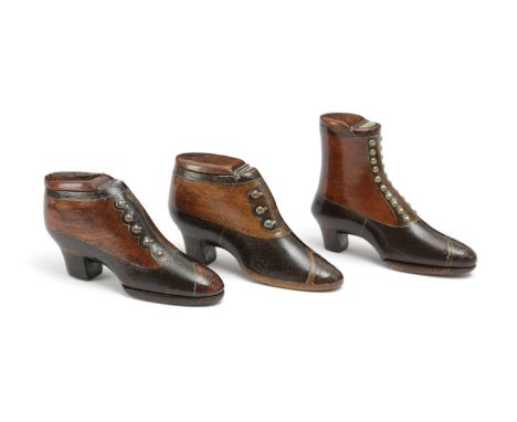 PRINCESS ALICE STEAMER INTEREST. A RARE SET OF THREE VICTORIAN TREEN SNUFF SHOESDATED '1878' AND '1879'each with brass tack i