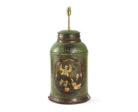 A VICTORIAN GREEN JAPANNED TÔLE PEINTE TEA CANISTER LAMPC.1880-90with a later light fitting, the body painted with the figure