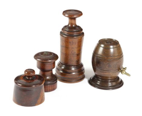 A TREEN FRUITWOOD MORTAR GRINDER18TH CENTURYwith banded decoration. together with a lignum vitae weight, a coromandel string 