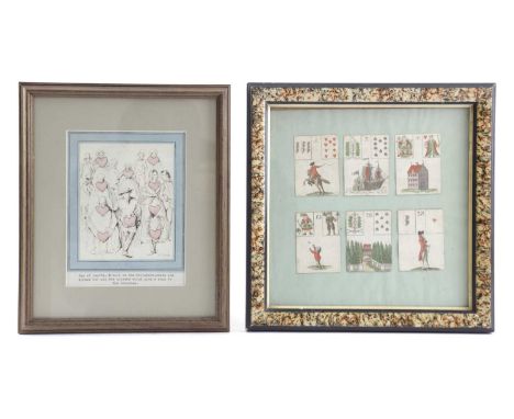 SIX GERMAN HAND-COLOURED FORTUNE-TELLING CARDSLATE 18TH CENTURYdepicting figures and scenes beneath playing card designs, fra