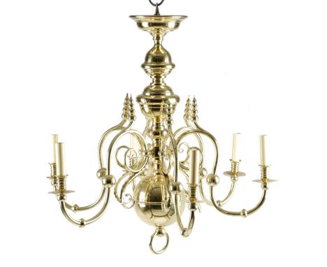 A BRASS SIX LIGHT CHANDELIERIN DUTCH BAROQUE STYLE, EARLY 20TH CENTURYwith a turned stem issuing scroll branches and a ring p