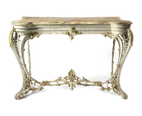A COALBROOKDALE CAST IRON CONSOLE TABLELATE 19TH CENTURYthe simulated marble painted top above pierced scrolling legs tied by