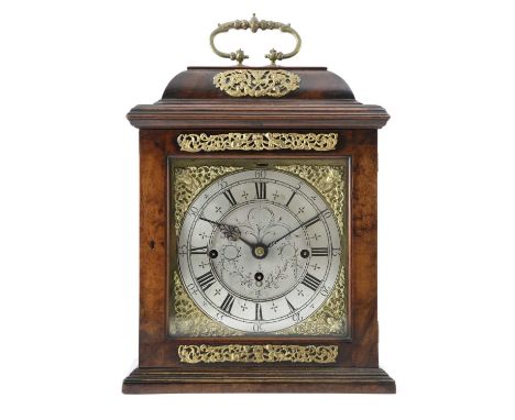 A WALNUT MUSICAL BRACKET OR TABLE CLOCK18TH CENTURY AND LATERthe brass eight day triple fusee movement with an anchor escapem