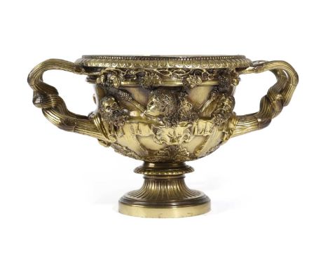A LARGE POLISHED BRONZE GRAND TOUR MODEL OF THE WARWICK VASEAFTER THE ANTIQUE, LATE 19TH CENTURYthe body cast with masks betw