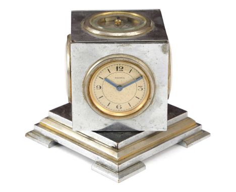 A FRENCH ART DECO DESK COMPENDIUMFOR HERMES, EARLY 20TH CENTURYof cube form, with a clock, barometer, thermometer, compass an