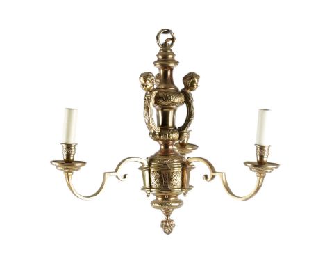 A PAIR OF GILT BRASS THREE LIGHT CHANDELIERSOF KNOLE TYPE, IN THE MANNER OF LENYGON & CO., EARLY 20TH CENTURYwith lemon and r