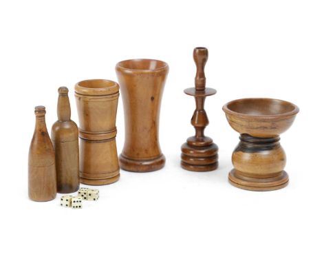 TWO TREEN NOVELTY DICE POTSLATE 19TH CENTURYin the form of wine bottles, each with two bone dice, together with two boxwood d