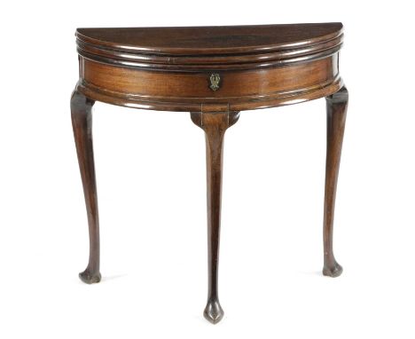 A GEORGE II MAHOGANY DEMI-LUNE COMBINED TEA AND CARD TABLEC. 1740the hinged triple top revealing a baize lined playing surfac