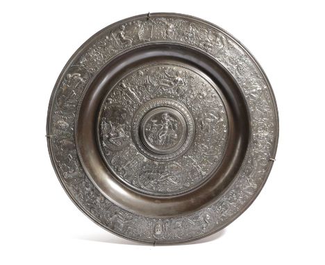 A BRONZED IRON 'TEMPERANCE' BASIN AFTER FRANÇOIS BRIOT (1545-1620), IN RENAISSANCE STYLE, LATE 19TH CENTURYthe well with a ce