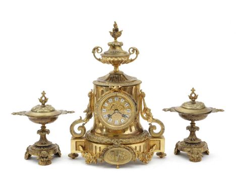 A FRENCH GILT BRASS MANTEL CLOCK GARNITUREIN LOUIS XV STYLE MID-19TH CENTURYthe brass eight day movement with an outside coun