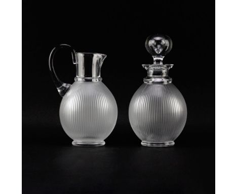 Grouping of Lalique France "Langeais" Frosted Crystal Decanter and Pitcher. Signed. Good condition. Decanter measures 10-1/4"