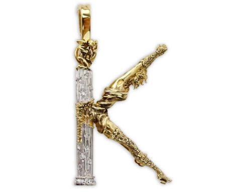 Erte, French (1892-1990) Vintage 14 Karat Yellow Gold, Diamond and Ruby "K" Pendant Brooch. Signed  Erte CFA 14K. Good condit