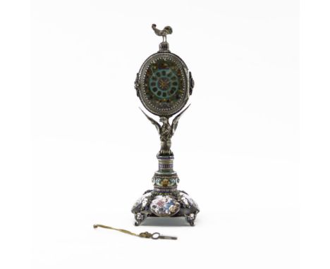 19/20th Century Viennese Enamel and Silver Clock with Figural Eagle, Rooster Finial and Scenes from Mythology. Unsigned. Good