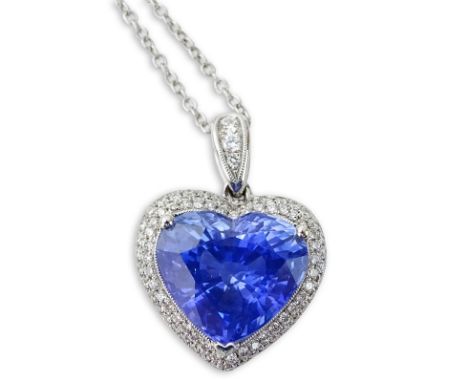 C. Dunaigre, Switzerland Certified Approx. 9.15 Carat Heart Shape Ceylon Sapphire, Diamond and 18 Karat White Gold Pendant Ne