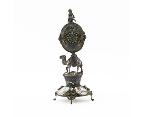 19/20th Century Viennese Enamel and Silver Clock with Figural Camel, Putto Finial and Scenes from Mythology. Unsigned. Good c