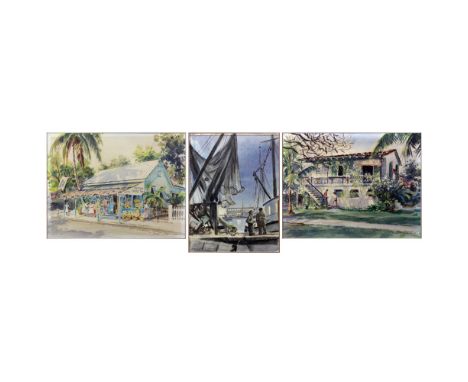 Set of Three (3) Morgan Dennis, American (1892-1960) Signed Watercolor Paintings. Each depicts a  scene of life in Key West. 