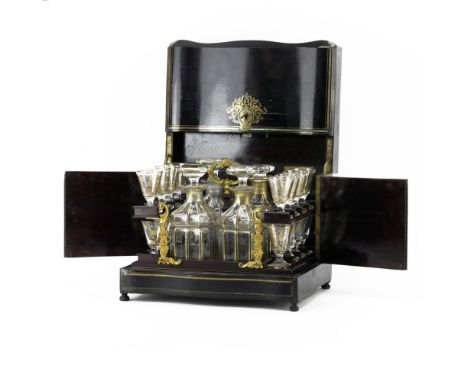 Antique French Napoleon III Brass and Wood Inlaid Tantalus Box with Liquor Set. Includes: 4 decanters and 12 cordials, each i