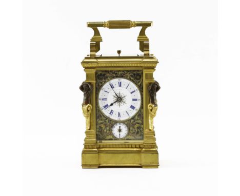 Rare Circa 1890 Tiffany & Co Gilt Brass Petite Sonnerie Striking and Repeating Carriage Clock, No. 1879. Filigree leaf motif 