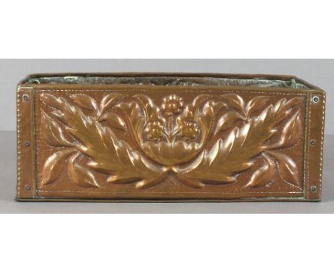 John PEARSON (1859-1930) A repoussé decorated copper Plant Trough with riveted corners & sides decorated fruits, flowers & le