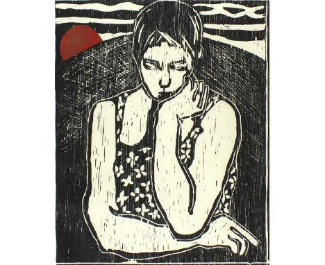 * Sheila OLINER (b.1934) Woodblock print ‘Full Moon’ – portrait of artist Naomi Frears Signed Artist Proof & numbered I/V in 