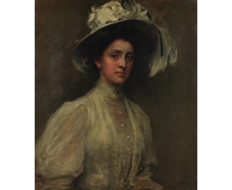 * Joseph Milner KITE (1862-1946) Oil on canvas Half portrait of an Edwardian lady in silk dress & feathered hat Signed 29.5” 