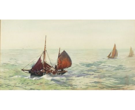 Baragwanath KING (1864-1939) Watercolour ‘First Boats In’ – Plymouth fishing boats returning under sail Signed 11” x 20.75” (